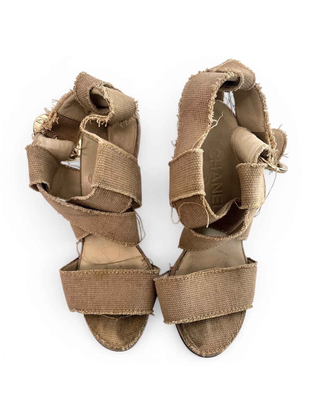 CHANEL Tan Canvas Strappy Gladiator Heels
